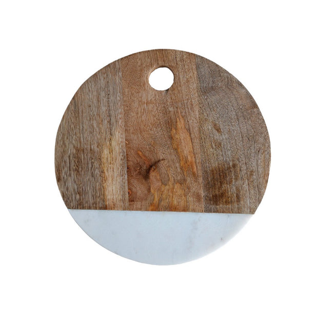 Ronde serveerplank van hout en wit marmer - Studio Blooming